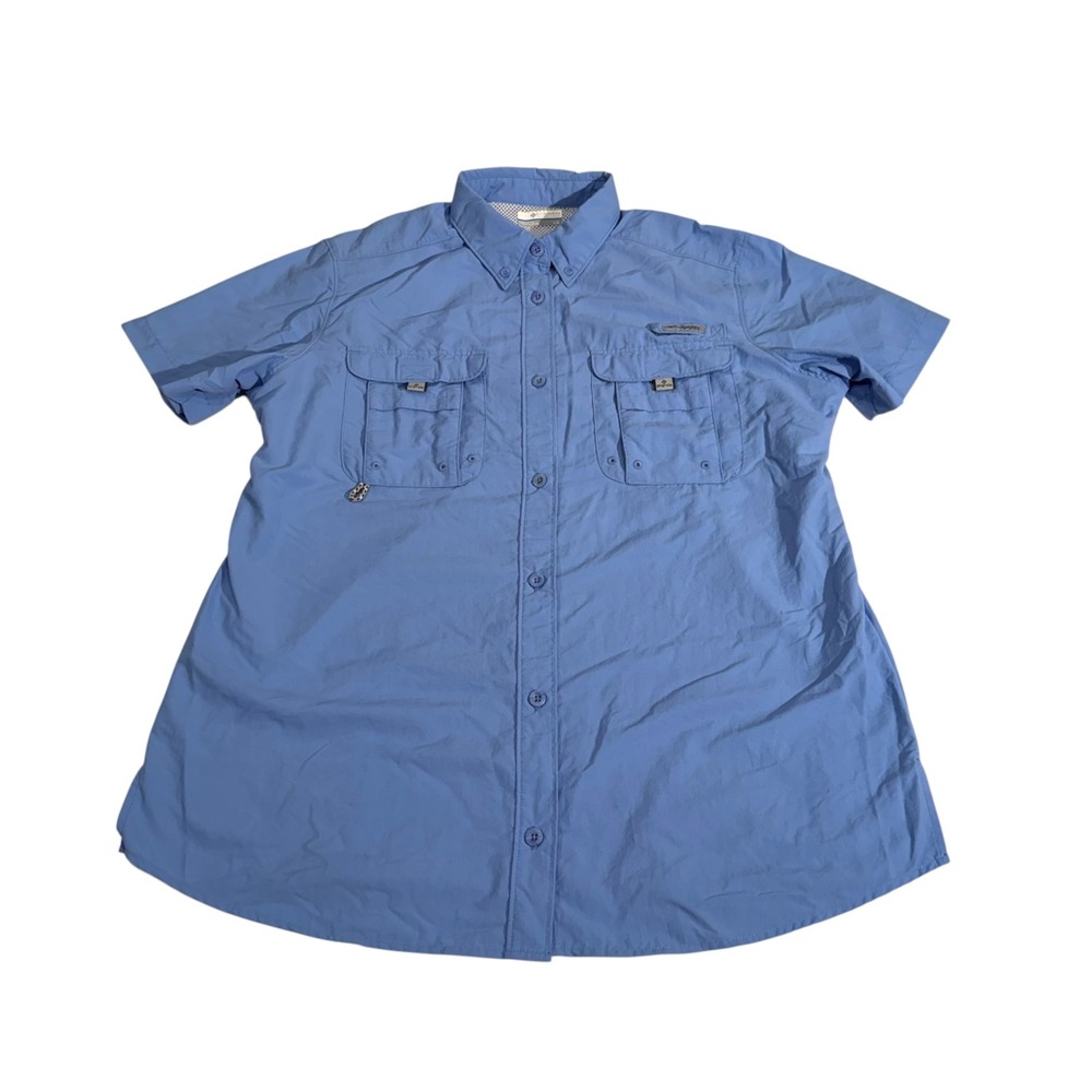 Columbia PFG Bahama Women L Blue Short Sleeve Fishing Shirt FL7313 Ventilated